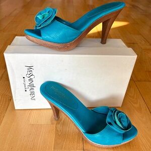 YSL Saint Laurent Nadja Blue Leather Mules Platform Heels TOM FORD sz 38 7-7.5